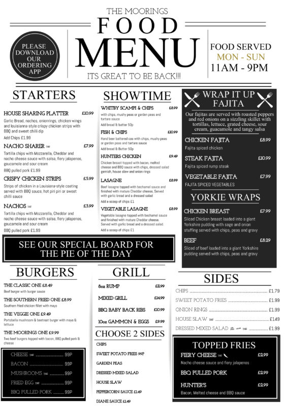 moorings yacht club menu